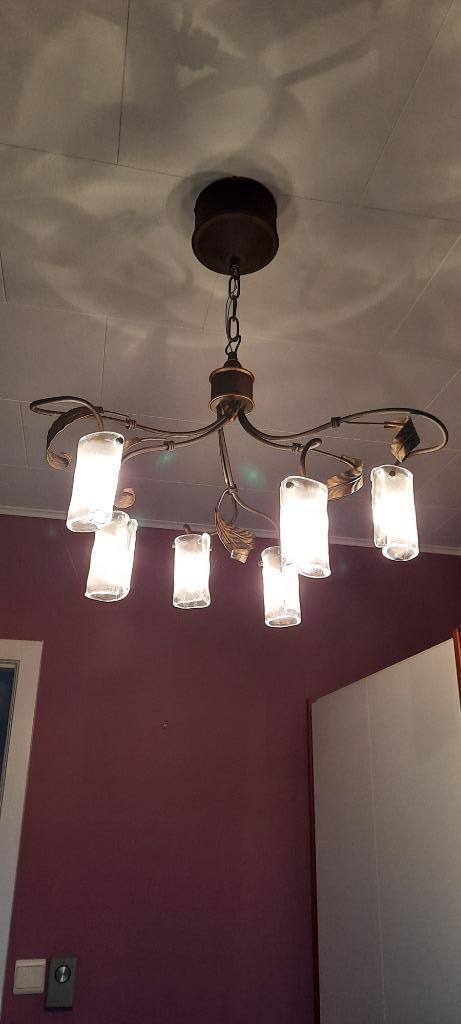 MASSIEVE kroonluchterophanging metaal +glas 6 lichtpunten, Huis en Inrichting, Lampen | Kroonluchters, Gebruikt, Glas, Metaal