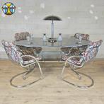 Vintage Gastone Rinaldi chroom & rookglas eettafel + stoelen, Huis en Inrichting, Complete eetkamers, Ophalen of Verzenden, Zo goed als nieuw