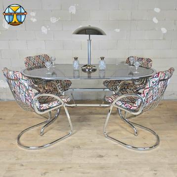 Vintage Gastone Rinaldi chroom & rookglas eettafel + stoelen beschikbaar voor biedingen