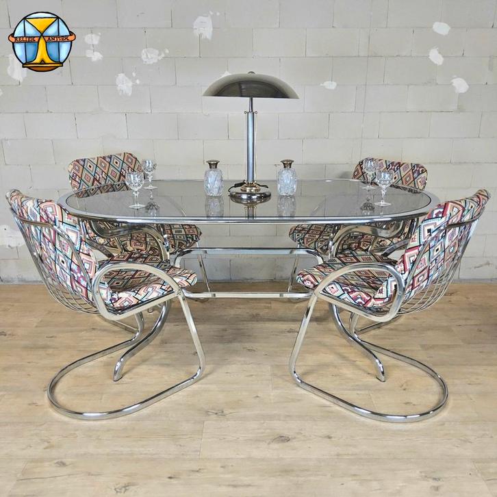 Vintage Gastone Rinaldi chroom & rookglas eettafel + stoelen, Huis en Inrichting, Complete eetkamers, Zo goed als nieuw, 4 tot 6 stoelen