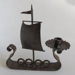 Vintage Brutalist smeedijzer kandelaar vikingschip, Antiek en Kunst, Curiosa en Brocante, Ophalen of Verzenden