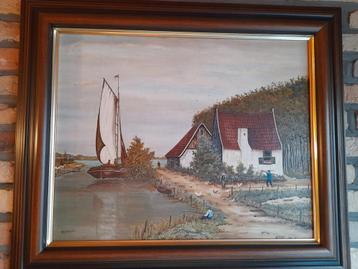 Landelijk schilderij met zeilboot-olieverf op doek beschikbaar voor biedingen