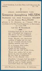 Simonne Helsen St Antonius 1933-Antwerpen 1938, Collections, Images pieuses & Faire-part, Enlèvement ou Envoi