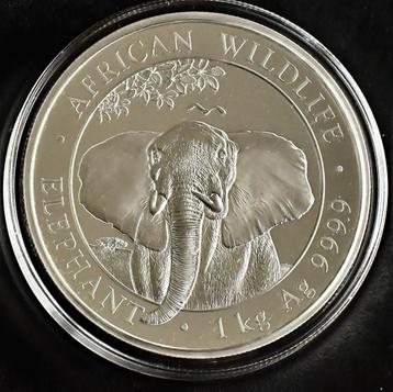 Zilveren kilomunt Somalia elephant 2021 999 zilver.