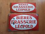 2 enseignes en émail : Brasserie Leopold, Bruxelles, Collections, Marques & Objets publicitaires, Enlèvement ou Envoi, Utilisé