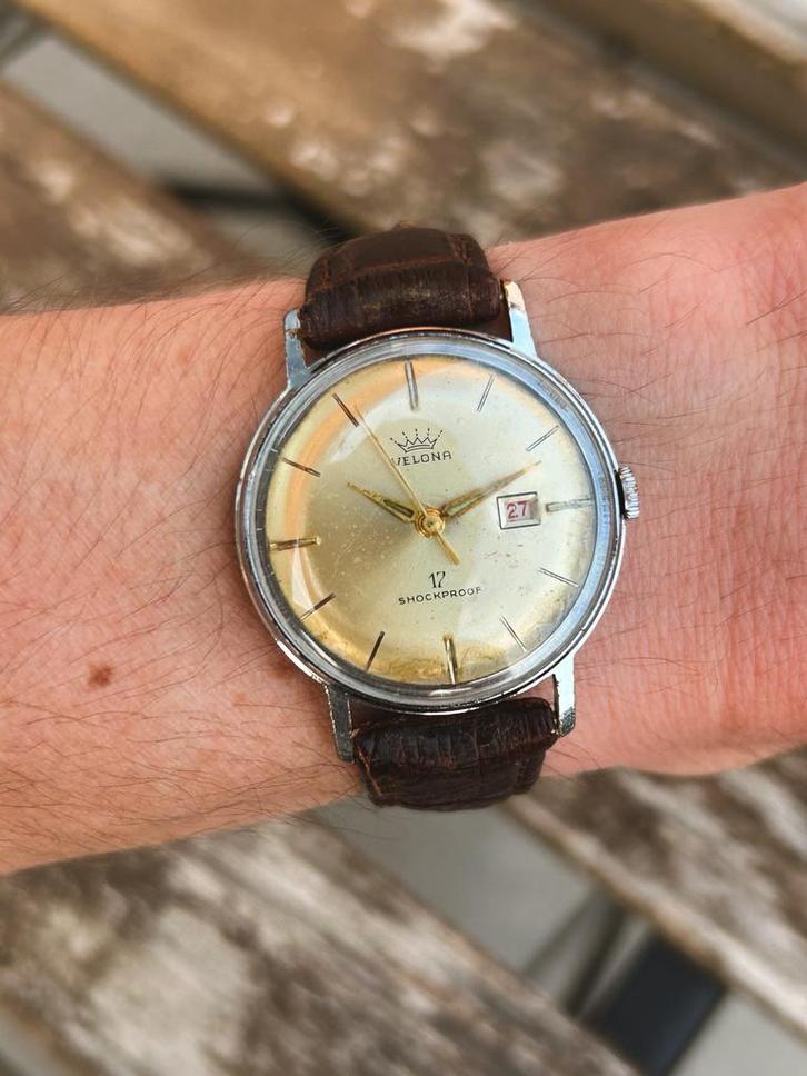 Authentiek Vintage Velona Herenhorloge, Handtassen en Accessoires, Horloges | Antiek, Polshorloge, Overige merken, Staal, 1960 of later