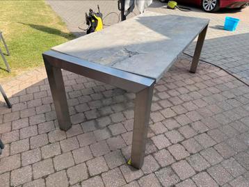 Tuintafel Inox met blauwe steen blad, Tuin en Terras, Ophalen, Gebruikt, Rechthoekig, Rvs
