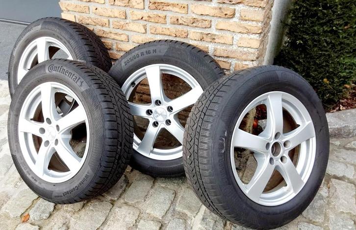 4 pneus hiver 205/60-16 avec jantes alu Opel, entraxe 5x105, Auto-onderdelen, Banden en Velgen, Banden en Velgen, Winterbanden