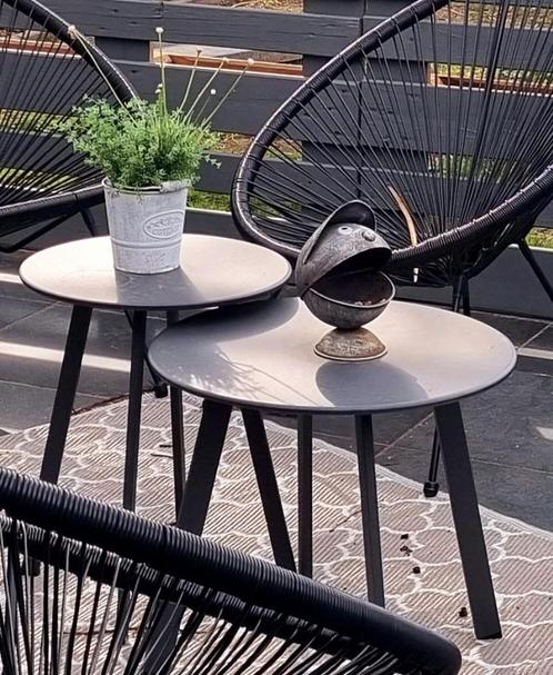 2 metalen roestvrije bijzettafeltjes voor tuinlounge, Jardin & Terrasse, Tables de jardin, Comme neuf, Enlèvement
