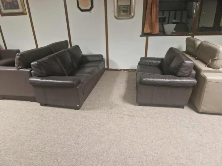 BRUINE LEDEREN SALON 3 EN 2 ZIT, Huis en Inrichting, Zetels | Zetels, Gebruikt, Leer, Ophalen