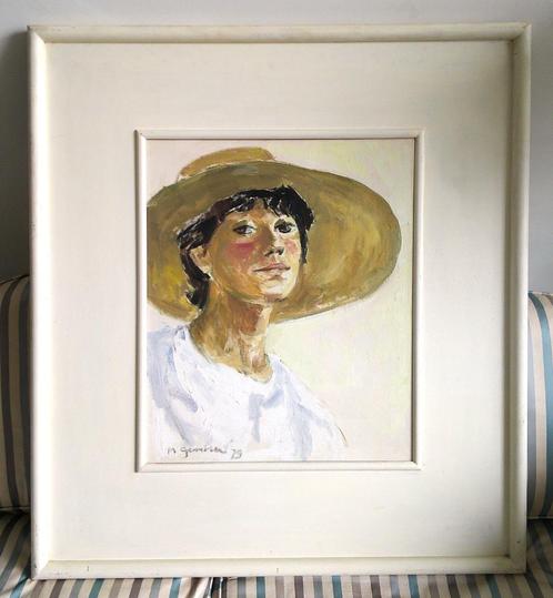 Portret vrouw met hoed '79 - Marja Gerritsen (geb. 1955), Antiek en Kunst, Kunst | Schilderijen | Klassiek, Ophalen