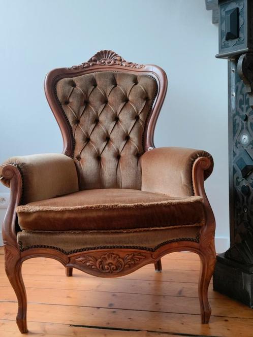 Fauteuil zetel velours vintage mosgroen, Antiek en Kunst, Antiek | Meubels | Stoelen en Sofa's, Ophalen