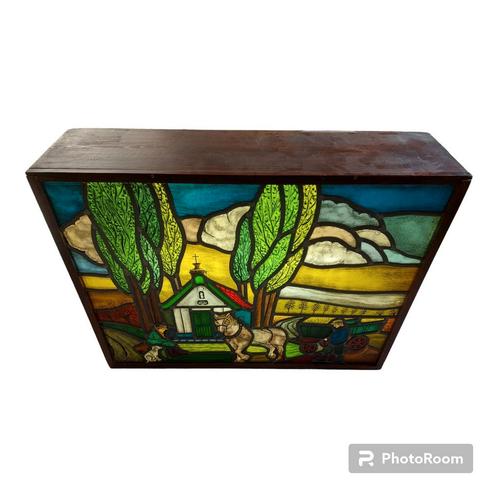 Magnifique vitrail lumineux fermier avec cheval 73 x 57cm, Antiquités & Art, Antiquités | Verre & Cristal, Enlèvement