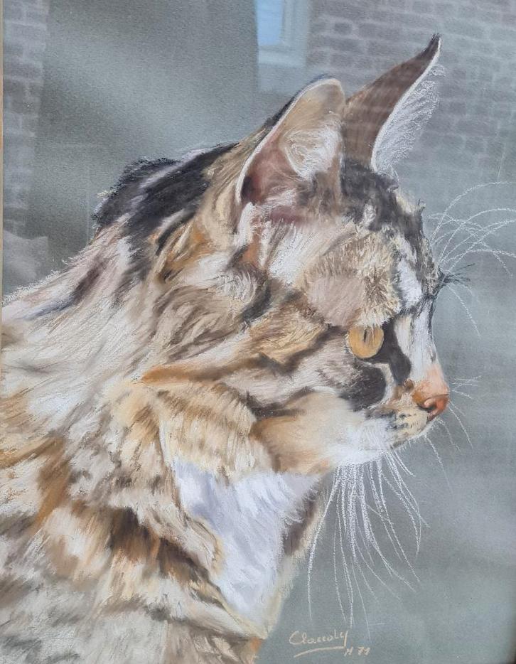 Grand beau pastel représentant chat des forêts style tigre, Antiquités & Art, Art | Peinture | Moderne, Enlèvement ou Envoi