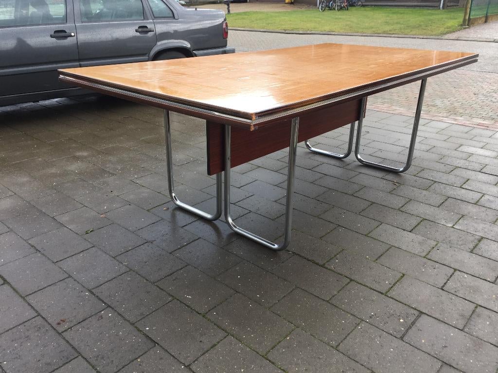 Grote '70s buisframe tafel . 236 x 118 cm, Gebruikt, 100 tot 150 cm, 200 cm of meer, Vijf personen of meer