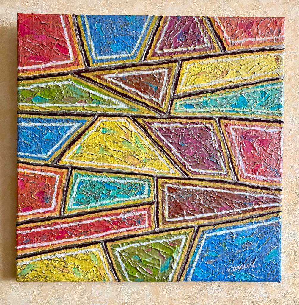Blokken. Schilderij op linnen. 40 x 40 cm. Gesigneerd., Antiek en Kunst, Kunst | Schilderijen | Abstract, Ophalen