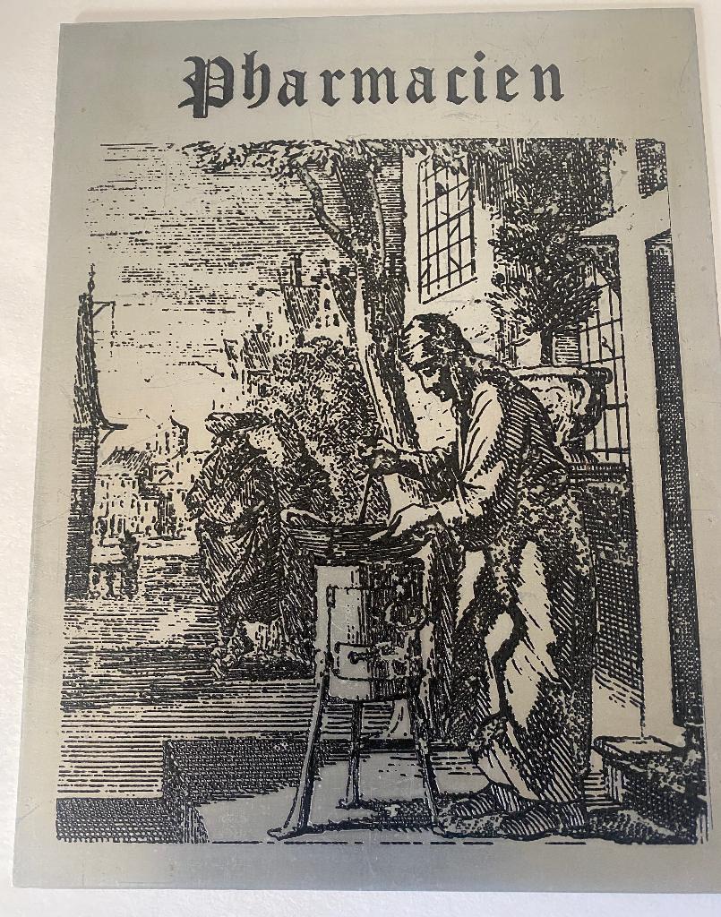 Gravure vintage sur plaque en aluminium  d'un Pharmacien, Enlèvement