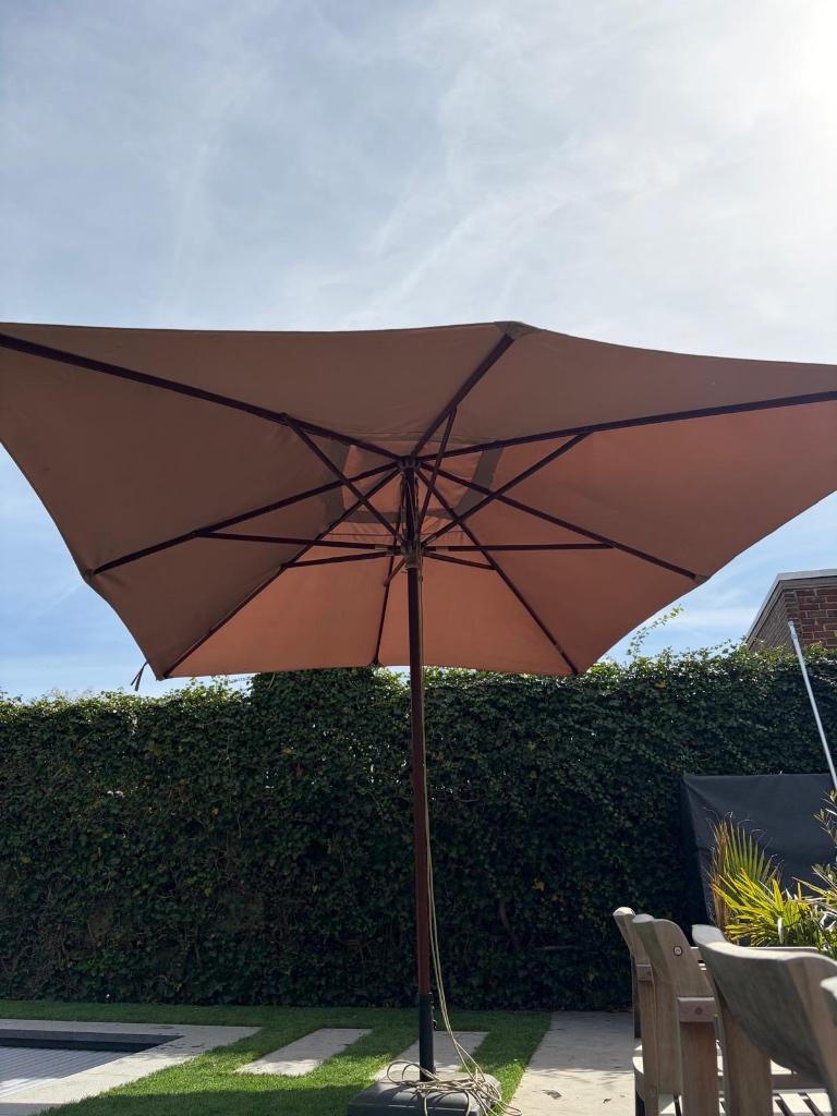 ️ Luxe Houtstok Parasol - 3 x 4m - Taupe, Ophalen, Zo goed als nieuw, 3 tot 4 meter