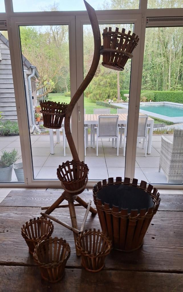 Vintage bamboe rotan plantenstaander, Ophalen of Verzenden