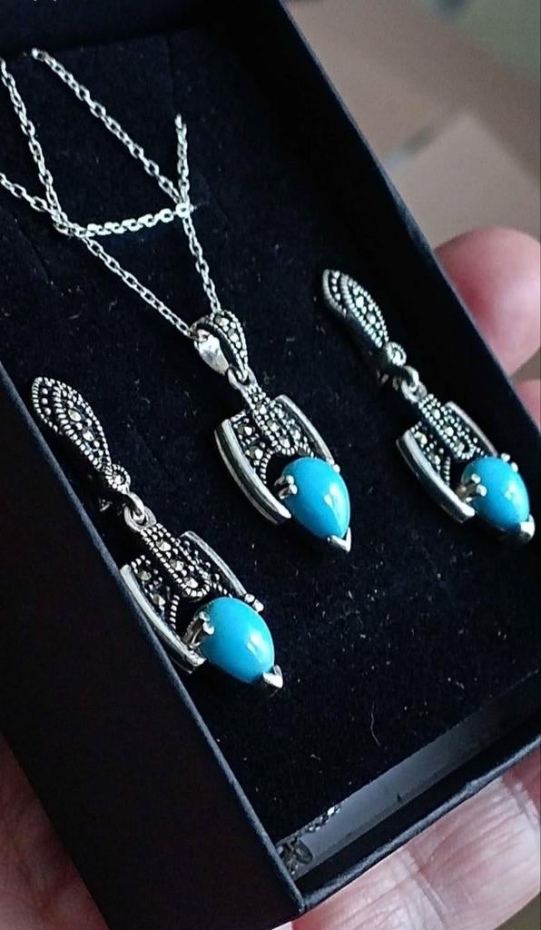 Ensemble en argent massif 925 avec turquoise naturelle, Neuf, Enlèvement, Avec pierre précieuse, Argent