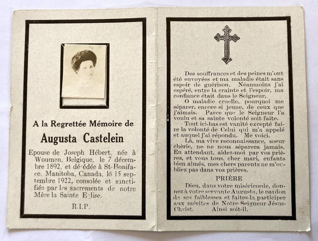 Bidprentje van Augusta Castelein overleden in Canada, Ophalen of Verzenden, Bidprentje