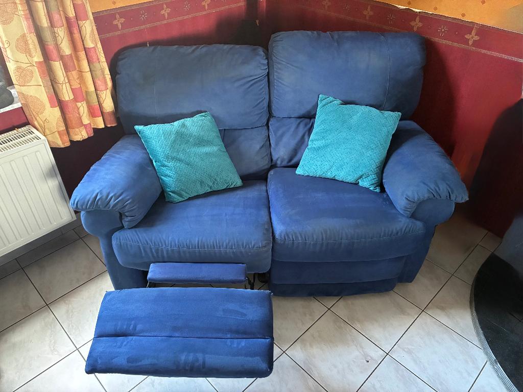Canapés relax en tissu bleu (2 places + 3 places), Enlèvement ou Envoi, Utilisé, Banc droit, Tissus