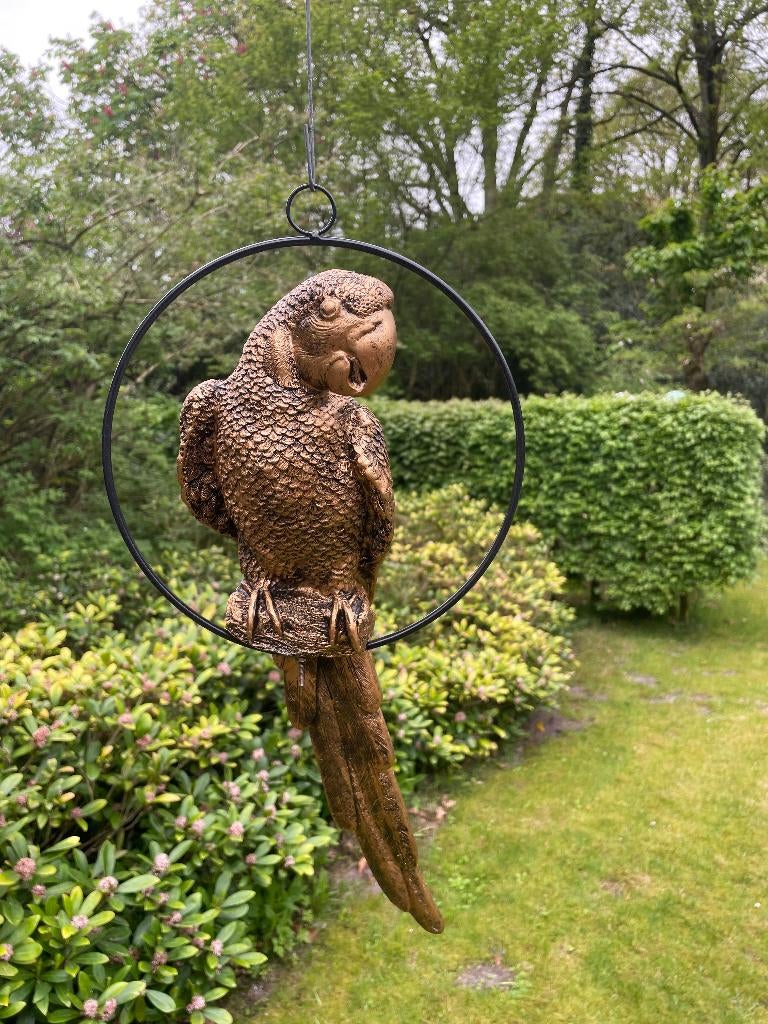 Beeld papegaai Goud  tuin, vijver, balkon 50cm, Ophalen of Verzenden, Nieuw, Kunststof, Dierenbeeld