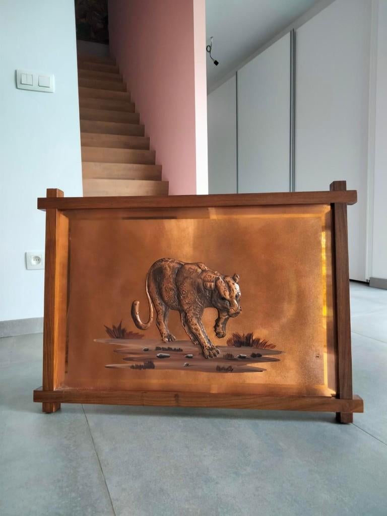 1970s XL vintage wall art deco koper luipaard, Verzamelen, Ophalen, Huis en Inrichting