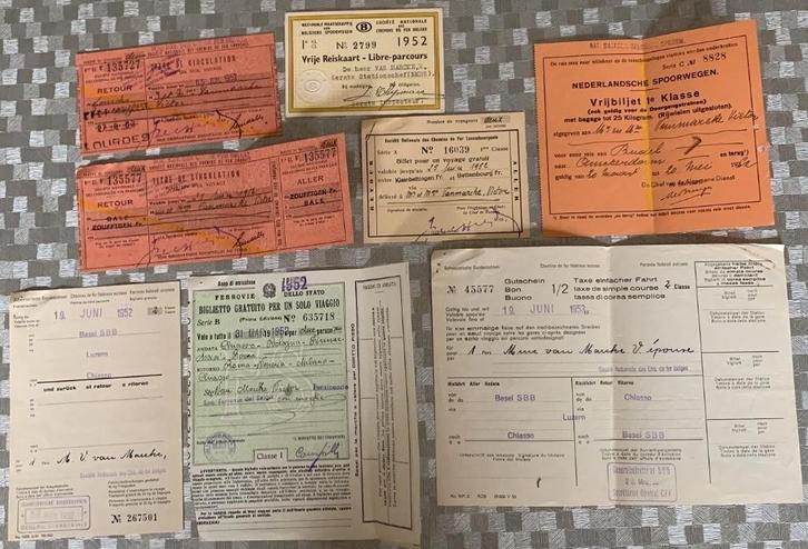 vervoersbewijzen 1952 van een stationschef geboren in 1891, Verzamelen, Spoorwegen en Tram, Trein, Kaart of Prent, Ophalen of Verzenden