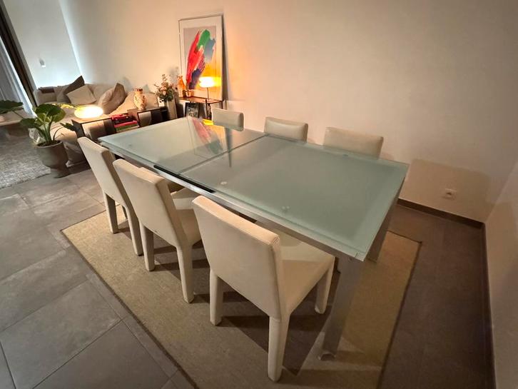 B&B Italia uitschuifbare design eettafel, Paolo Piva, glas, Huis en Inrichting, Tafels | Eettafels, Gebruikt, 50 tot 100 cm, 200 cm of meer
