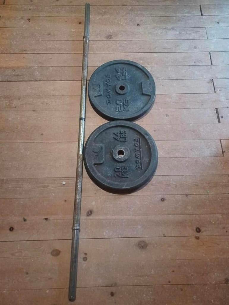 2x halterschijf 20kg met halterstang / barbell, Sport en Fitness, Fitnessmaterialen, Ophalen