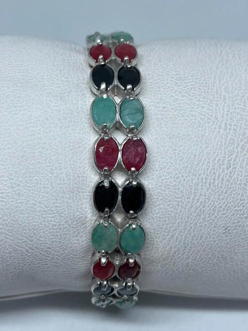 Zilveren armband met natuurlijke smaragd, robijn en saffier, Handtassen en Accessoires, Kettingen, Nieuw, Zilver, Overige kleuren