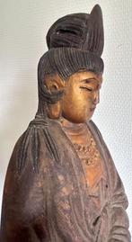 Kwan Yin-beeld in massief hout en goudchroom, Ophalen of Verzenden