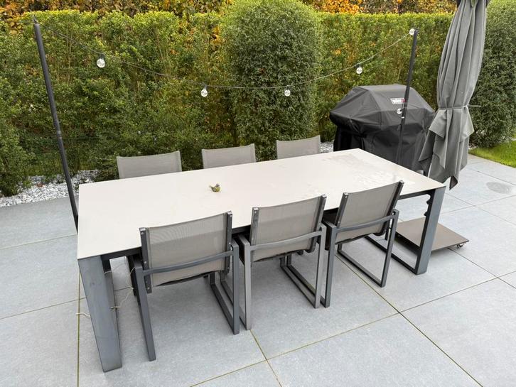 Aluminium eettafel met 8 stoelen (2m40x1m), Tuin en Terras, Tuinsets en Loungesets, Zo goed als nieuw, Aluminium, Eettafel, Ophalen