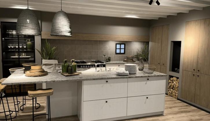 Toonzaalkeuken Schoten expo 150, Huis en Inrichting, Keuken | Complete keukens, Zo goed als nieuw, Hoekkeuken, Grijs, Met kookeiland