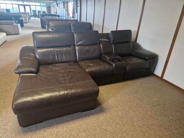 BRUINE BUFFELLEDEREN HOEKSALON MET ELEKTRISCHE RELAX, Huis en Inrichting, Zetels | Zetels en Chaises Longues, Gebruikt, Driepersoons