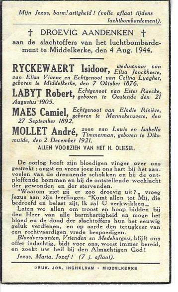Ryckewaert/Labyt/Maes/Mollet luchtbom Middelkerke 4/8/1944 beschikbaar voor biedingen
