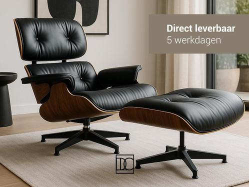 Lounge Chair en Ottoman XL Palissander of Walnoot zwart leer, Huis en Inrichting, Fauteuils, Nieuw, Hout, Leer, Metaal, 50 tot 75 cm