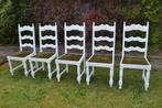5 witte houten stoelen (met zit in stof), Huis en Inrichting, Stoelen, Ophalen, Hout, Gebruikt, Wit