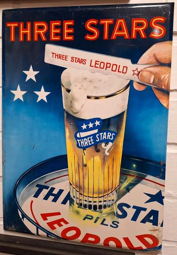 Blik reclame bord 1960 Leopold Three Stars pils beschikbaar voor biedingen