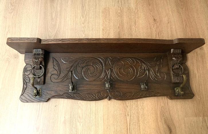 Donker eiken kapstok met uniek houtsnijwerk, Maison & Meubles, Accessoires pour la Maison | Portemanteaux, Utilisé, Portemanteau mural