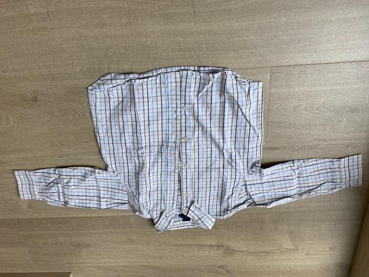wit hemd met blauw bruine streepjes maat 104, Kinderen en Baby's, Kinderkleding | Maat 104, Gebruikt, Jongen, Shirt of Longsleeve