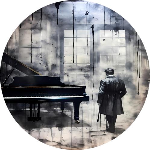 Piano zwart wit Muurcirkel 120x120 Metaal + Ophangsysteem, Huis en Inrichting, Woonaccessoires | Wanddecoraties, Nieuw, Verzenden