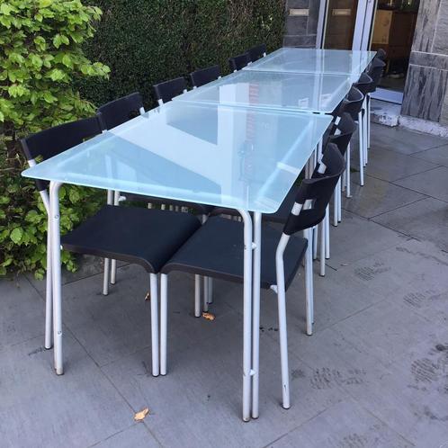3 tafels en 12 stoelen voor binnen of in de tuin, Huis en Inrichting, Tafels | Eettafels, Gebruikt, Vijf personen of meer, Metaal
