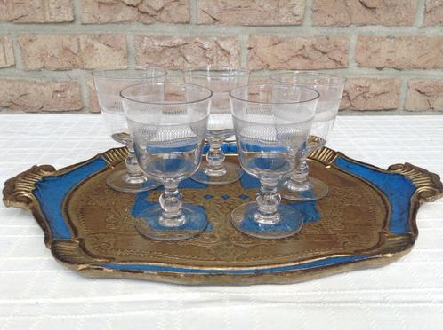 5 Vintage grote wijnglazen ‘Geweven ring’, Huis en Inrichting, Keuken | Servies, Zo goed als nieuw, Glas of Glazen, Effen, Glas