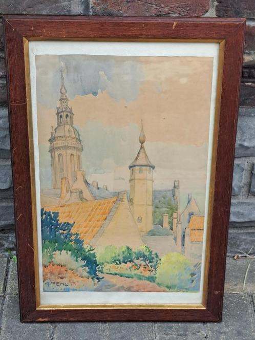 aquarelle furnes signe alfred menu, Antiek en Kunst, Kunst | Schilderijen | Klassiek, Ophalen of Verzenden