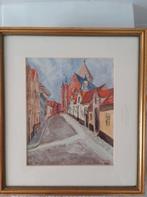 Aquarel oud straatje Brugge, met datum& initialen gesignee, Ophalen of Verzenden
