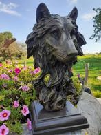 Bronzen wolvenkop op marmeren voet, Verzenden, Brons