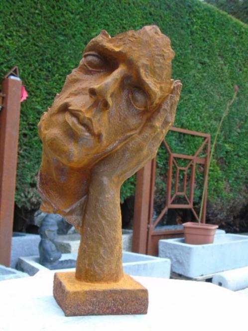 statue buste d un visage reposer sur une main en fonte pat ., Jardin & Terrasse, Statues de jardin, Neuf, Abstrait, Métal, Enlèvement ou Envoi