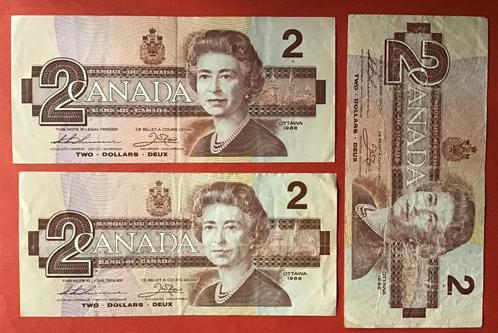 3 biljetten van 2 dollar Canada  1986, Postzegels en Munten, Bankbiljetten | Amerika, Setje, Noord-Amerika, Ophalen of Verzenden